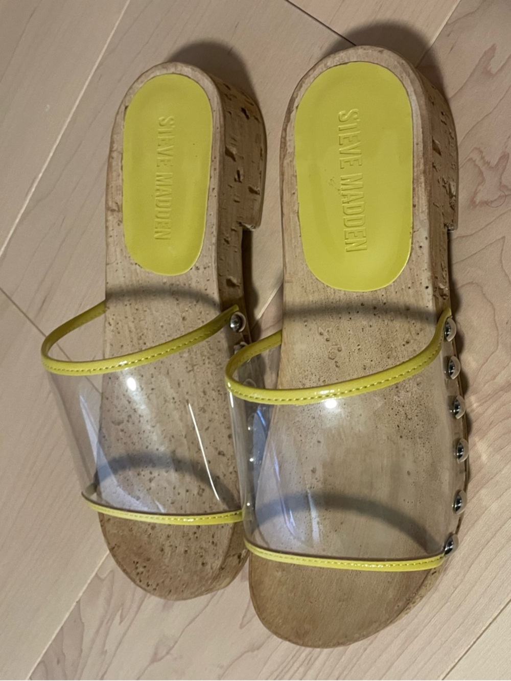 Steve Madden Clear Slide Sandals with Yellow Trim